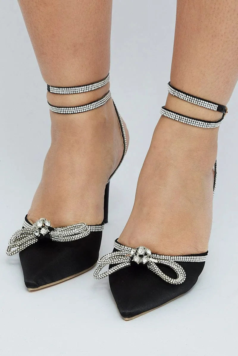 Black Diamonte Bow Detail Pointed Strappy Shoes