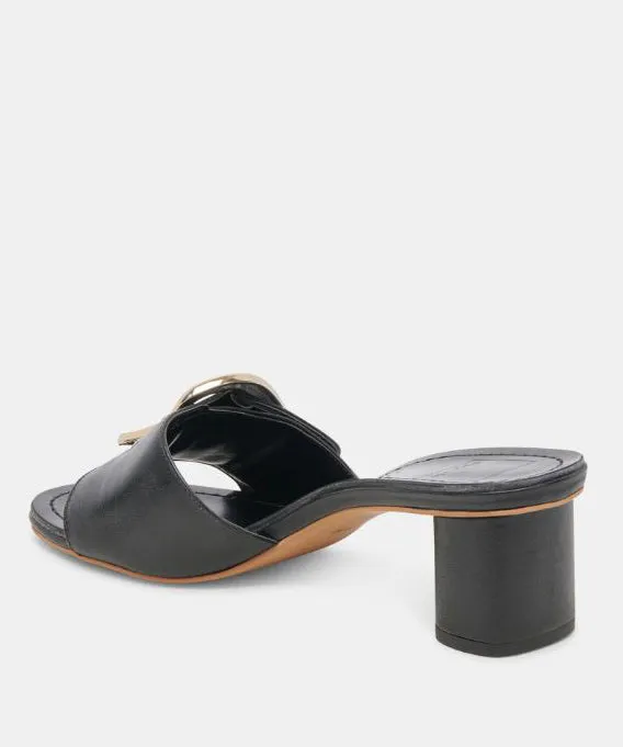 Dolce Vita Laika Block Heel Buckle Slides - Black Leather