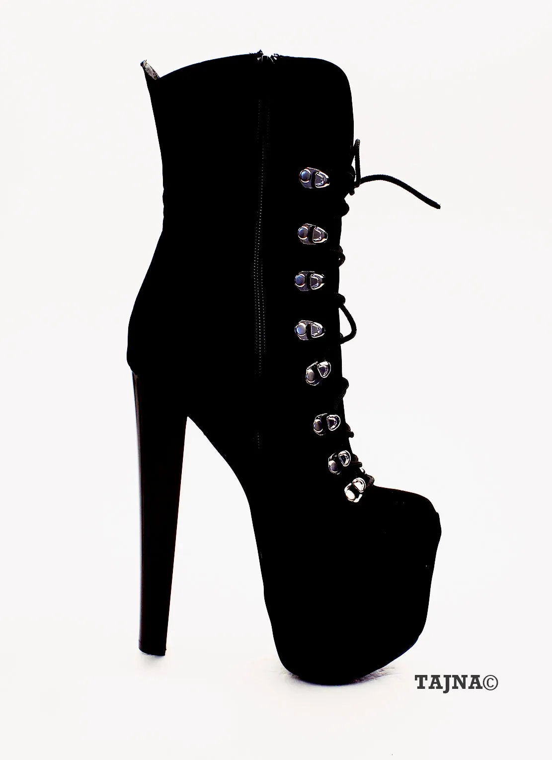 Lace Up Black Faux Suede High Heel Platform Boots